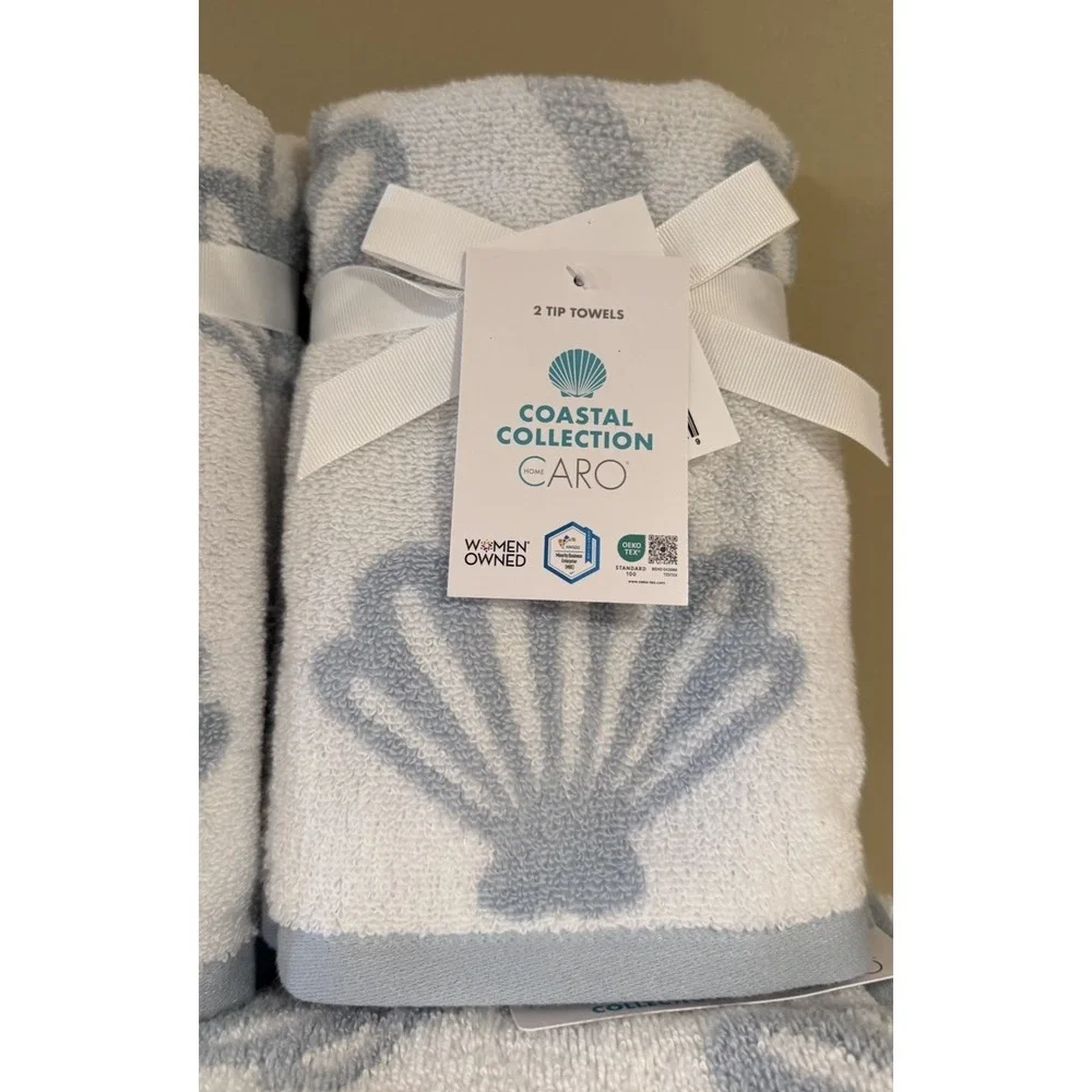 6pc CARO Home Plush Bath Hand Tip Towel Set Blue & White Nautical Coastal Shells